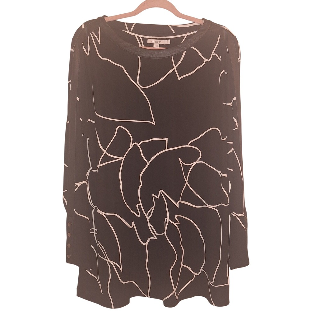 Chico's Women's Size 3 (XL) Ponte Faux Leather Inset Print Tunic Blouse Shirt